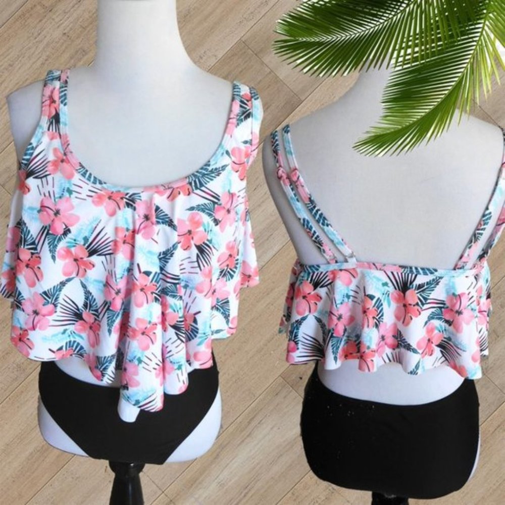 WHITE MULTI COLOR FLOUNCE TWO PIECE SWIMSUIT